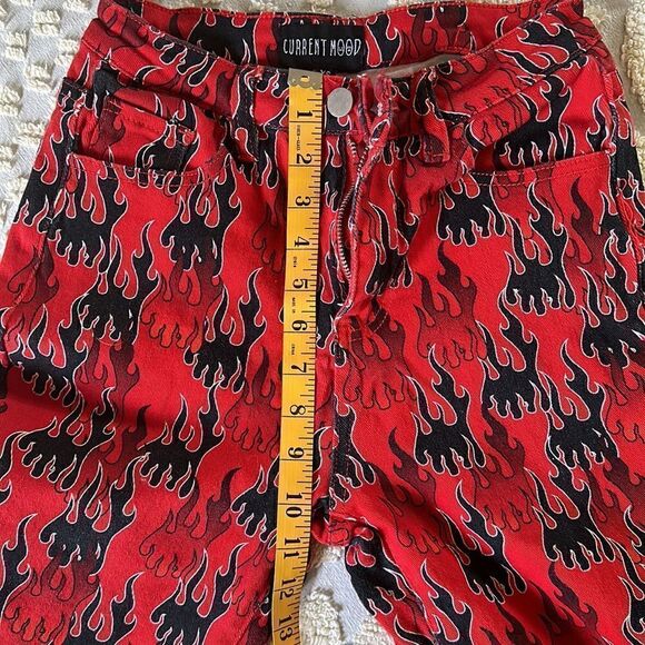 Current Mood Dolls Kill Flame Jeans Cotton Black Red Size XS Spandex - Picture 9 of 11